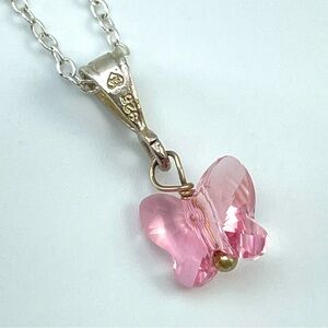 Plata 925Sterling Silver Pink Crystal Butterfly Pendant Necklace Made in Bolivia
